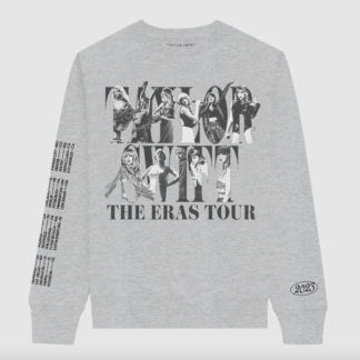 The front image of a gray sweatshirt reading "taylor swift the eras tour" with several photos of taylor and tour dates on the sleeve